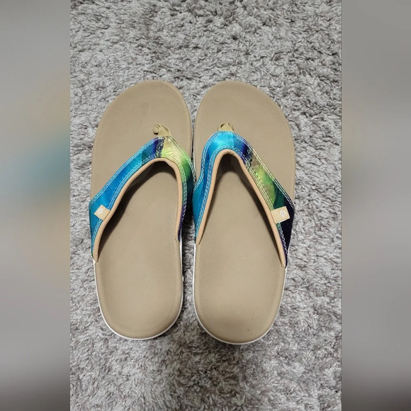 Spenco Orthotic Sandals, Womens Size 7, Tan Bottom With‎ Blue And Green Straps - Picture 1 of 3